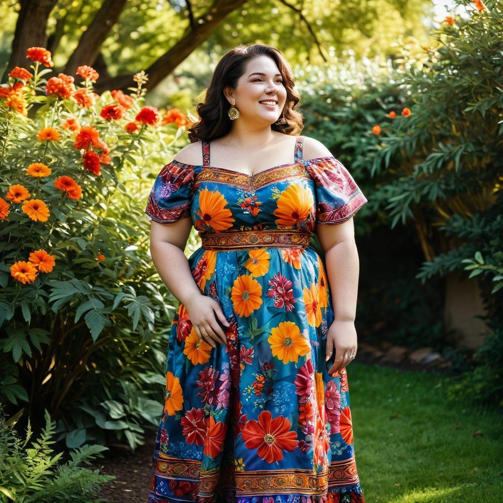A confident and joyful plus-size woman standing proudly in a lush, vibrant garden, surrounded by diverse flowers symbolizing different cultures. She wears traditional attire that reflects her ancestral heritage, showcasing colorful patterns and textures, with a warm smile that radiates body positivity. Soft sunlight filters through the trees, casting a gentle glow on her figure, embodying strength and self-love. The scene evokes a sense of harmony and acceptance. super-realistic. vibrant colors. natural background.