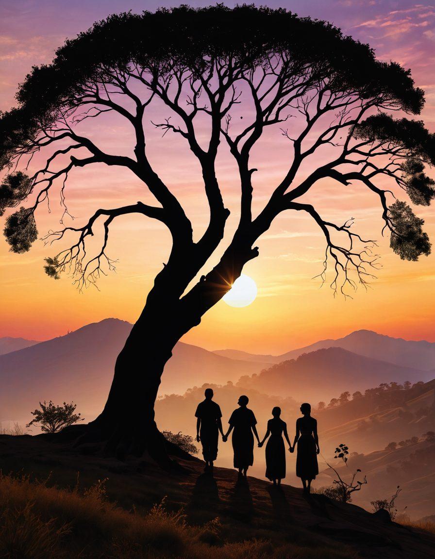 A serene landscape blending ancient trees and gentle hills, symbolizing ancestral roots. Silhouettes of diverse people connected by a flowing ribbon of light, representing body positivity and intimacy. Soft, warm colors evoke feelings of comfort and acceptance. The background features a tranquil sunset, adding depth and warmth. Inspirational and peaceful art style.