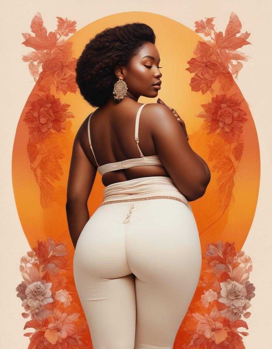 A captivating collage featuring a diverse array of women embracing their curves, intertwined with ancestral symbols and cultural motifs from various heritages. The background is a soft gradient representing warmth and self-acceptance, with subtle floral patterns that symbolize growth. Each woman is portrayed in a graceful pose, radiating confidence and joy. The overall tone is empowering and uplifting, inviting the viewer to reflect on their own journey. vibrant colors. painting.